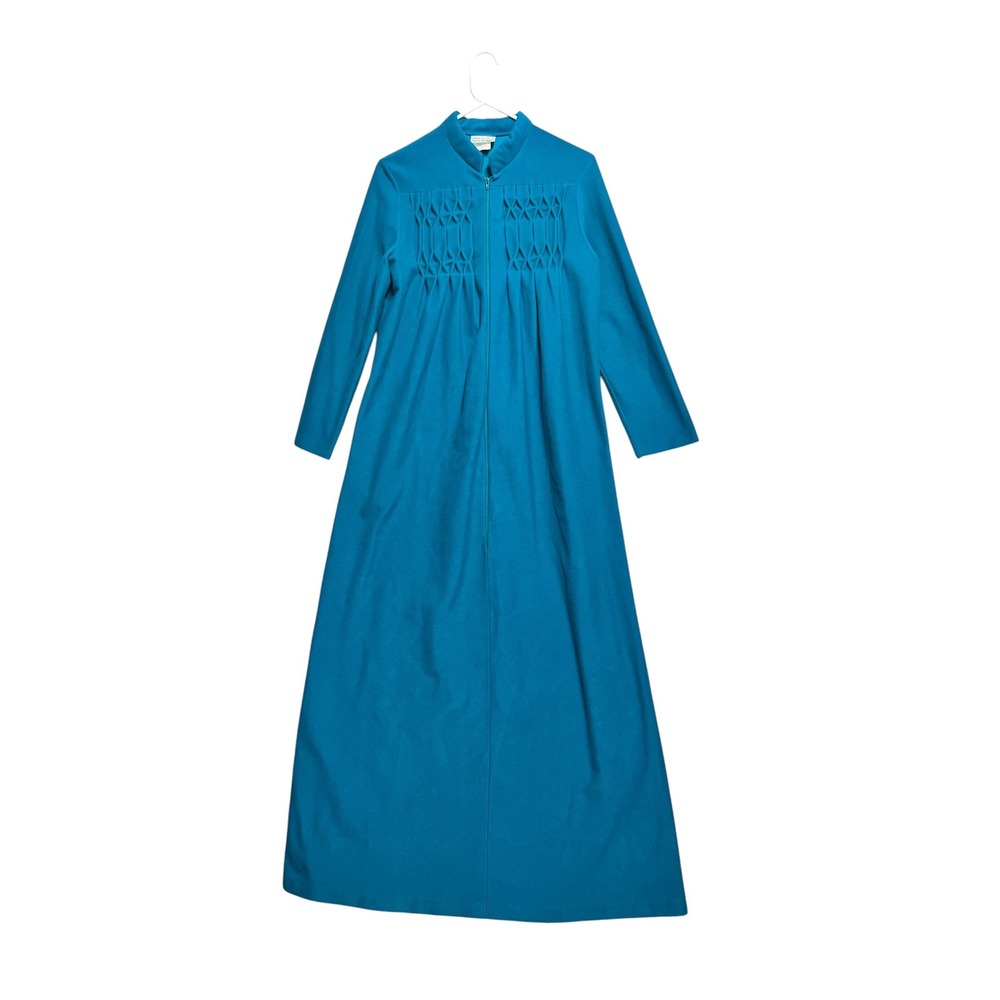 Vintage 70s JC Penney Teal Blue Fleece House Coat Robe Smocked Zip Front Small